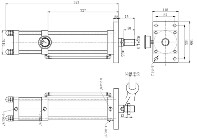 JRNT復合迷你倒裝型氣液增壓缸產(chǎn)品外形尺寸圖